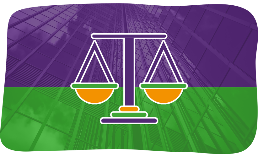 Scales of justice in Derby Speaks Up branding colours