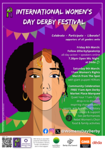 International Women's Day Festival 8-9th March poster showing diverse women - full details via https://womensdayderby.wordpress.com/
