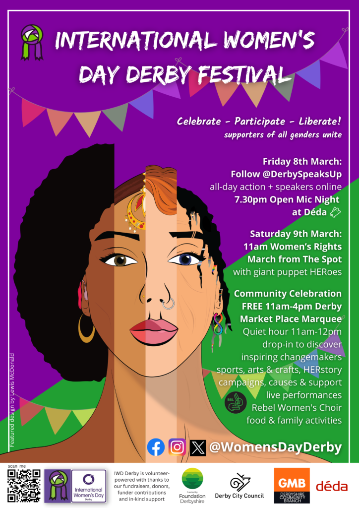 International Women's Day Festival 8-9th March poster showing diverse women - full details via https://womensdayderby.wordpress.com/